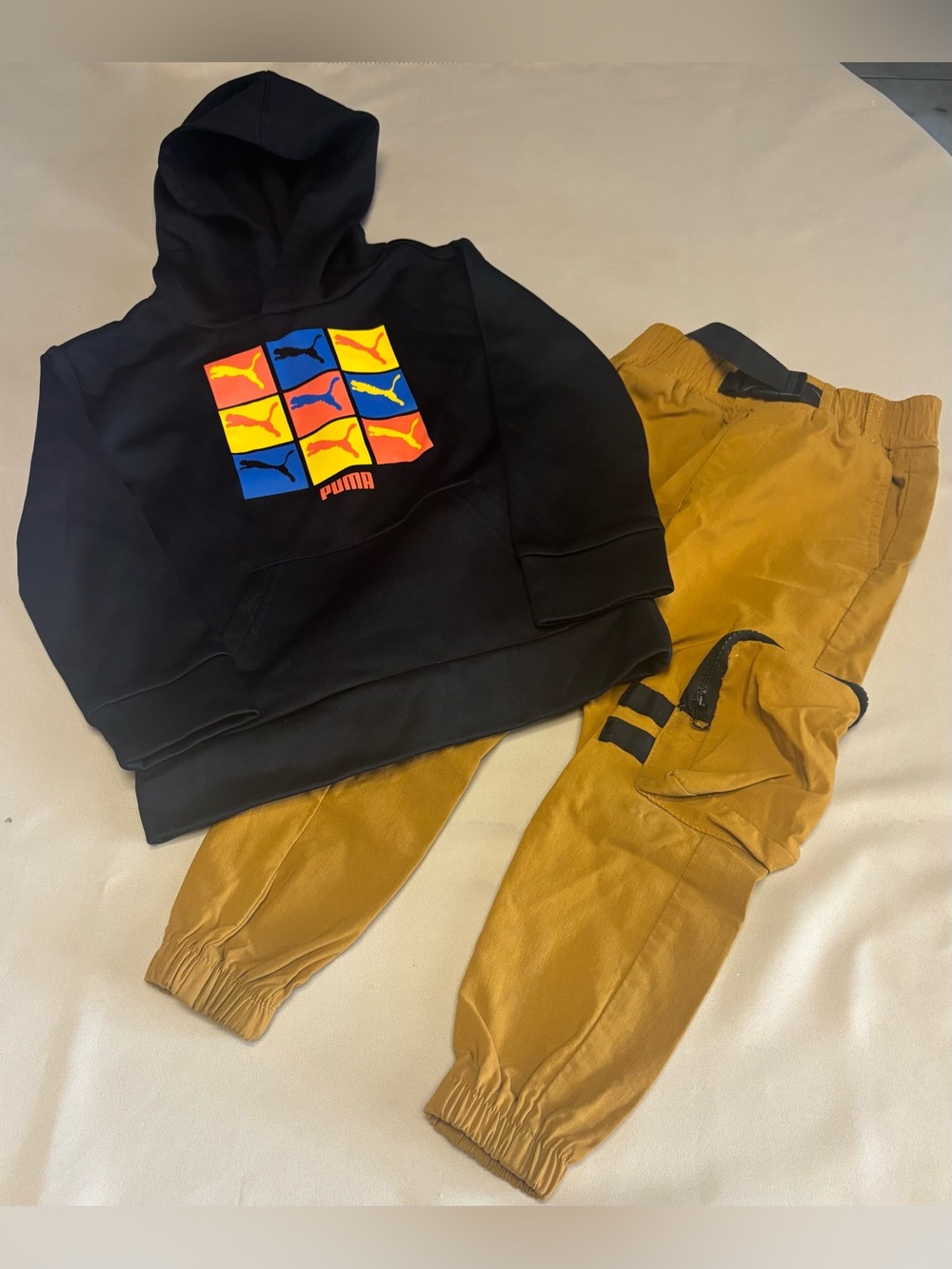 Set of 2 - Boys Cargo‎ Jogger Pants Yellow Black Puma Hoodie Sz 5 Streetwear